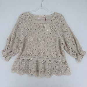 Solitaire Crochet Lace Peplum Blouse Top Womens Size L Cream 3/4 Sleeve Boho NWT